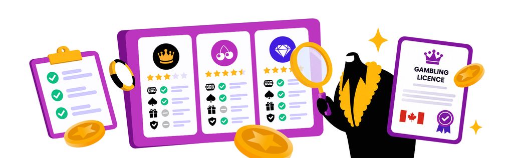 Mr. Gamble reviewing a comparison board of three online casinos in Canada, with a research checklist and a verified licence document.