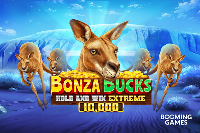 Bonza Bucks Hold and Win Extreme 10,000 slot game by Booming Games featuring kangaroos and piles of gold in an Australian outback setting.