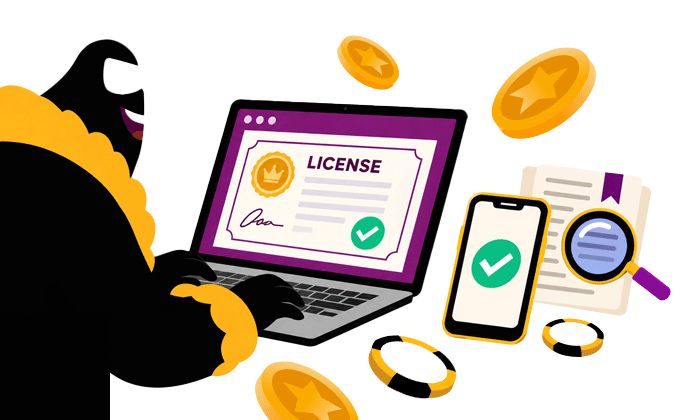 Mr. Gamble checking a casino licence, terms and verified test information.