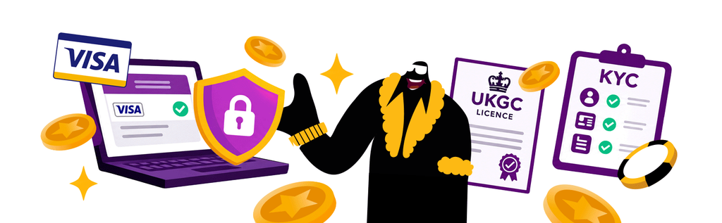 Illustration of Visa card payment security and licensing checks for UK online casinos, featuring a padlock icon, UKGC licence document and KYC verification checklist.