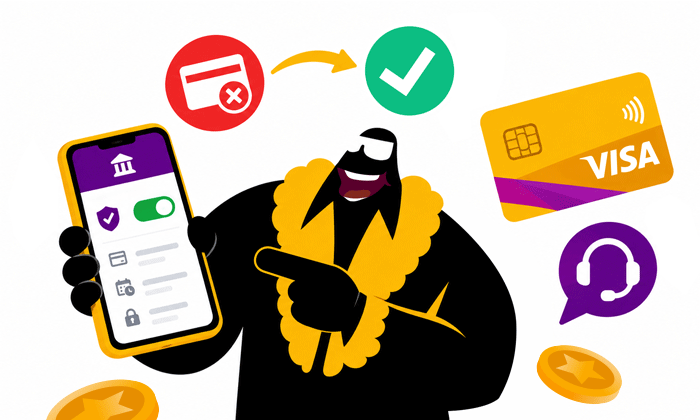 Illustration of how to fix a declined Visa casino payment, showing a banking app spending-controls toggle turning a declined payment into a verified one.