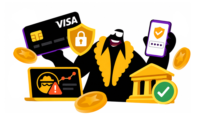 Illustration of Visa casino payment security features, including card tokenisation, two-factor authentication and fraud monitoring alerts.