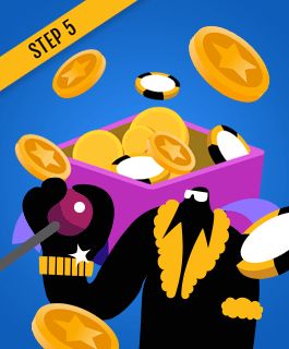 Step 5: Mr. Gamble with a chest full of coins and casino chips, ready to play.